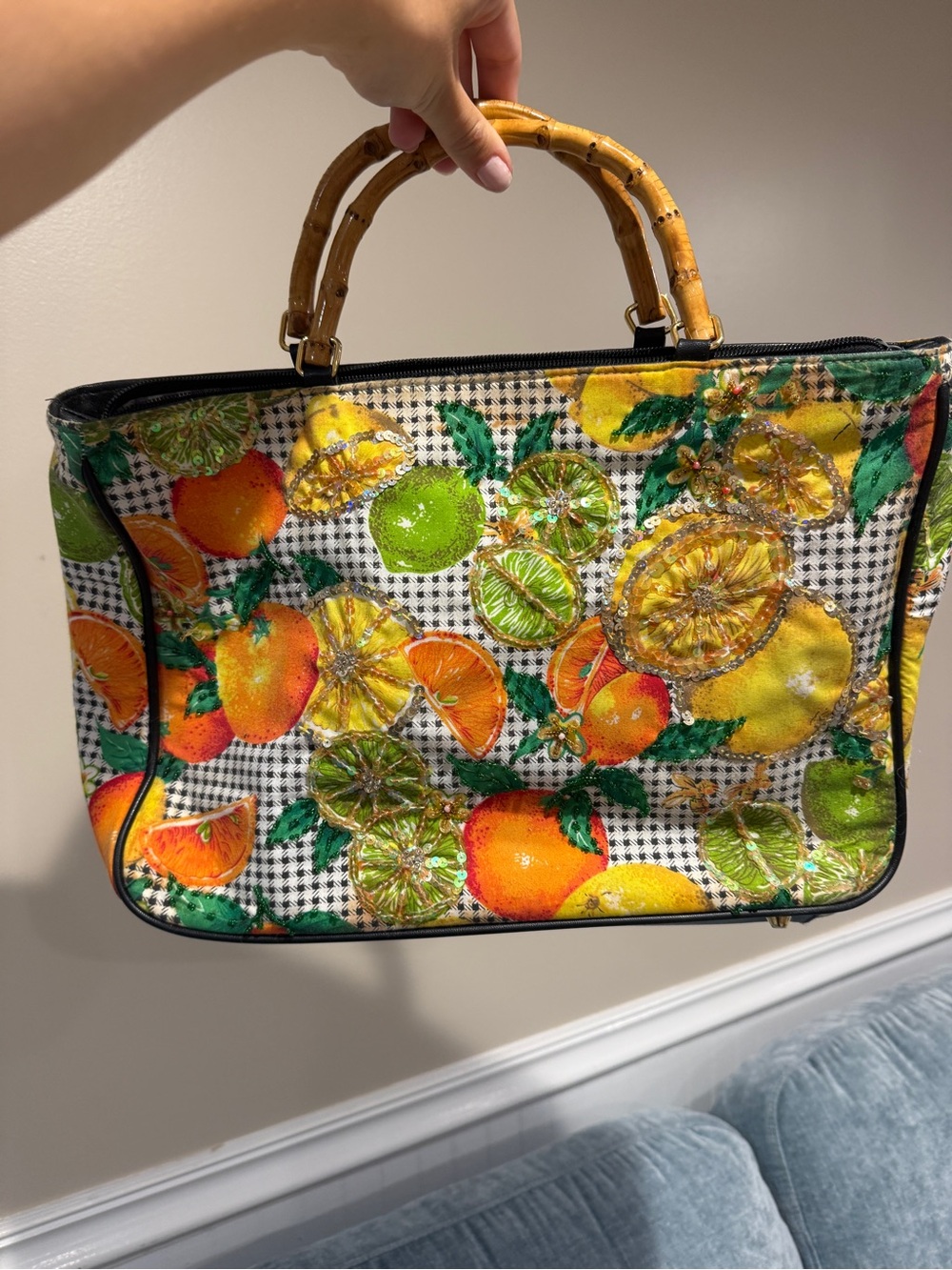 Vintage Citrus Print Bamboo-Handle Tote Bag - Yellow & Orange